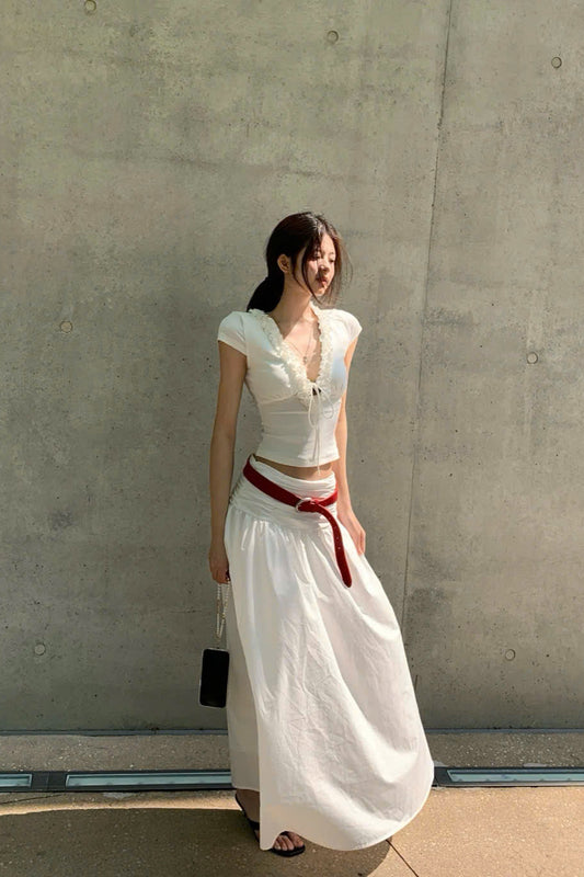 Ruffled Trim Front-Tie Top