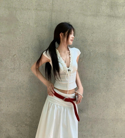 Ruffled Trim Front-Tie Top