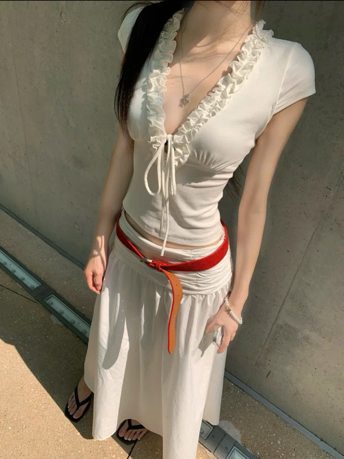 Ruffled Trim Front-Tie Top